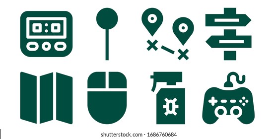 direction icon set. 8 filled direction icons. Included Map, Speedometer, Mouse, Pin, Spray, Destination, Play, Direction sign icons
