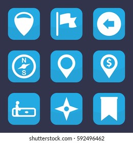 direction icon. Set of 9 filled direction icons such as escalator, arrow left, map location, flag, compass, location