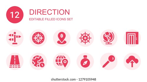 direction icon set. Collection of 12 filled direction icons included Street, Compass, Pin, Helm, Earth, Road, World, Elevator, Upload