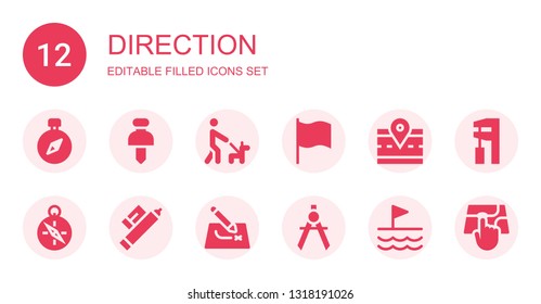 direction icon set. Collection of 12 filled direction icons included Compass, Pushpin, Walk, Flag, Road, Marker, Route, Wrench, Point