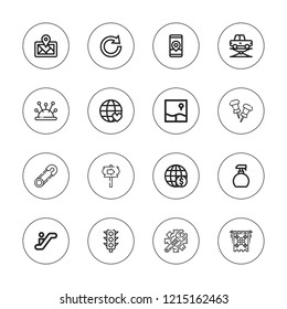 Direction icon set. collection of 16 outline direction icons with earth globe, elevator, digital map, flag, escalator, gps, map, pin, pins, redo, sign, traffic light icons.