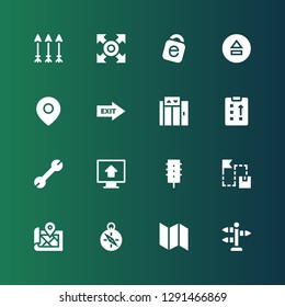 direction icon set. Collection of 16 filled direction icons included Street, Map, Compass, Route, Traffic light, Upload, Wrench, Strategy, Elevator, Exit, Location, Idrive, Direction