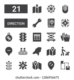 direction icon set. Collection of 21 filled direction icons included Route, Pin, Map, Windrose, Traffic light, Walk, Walkway, Location, Clap, Elevator, Pins, Compass, Map book