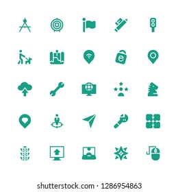 direction icon set. Collection of 25 filled direction icons included Computer mouse, Windrose, Influencer, Upload, Traffic light, Expand, Wrench, Navigator, Position, Location