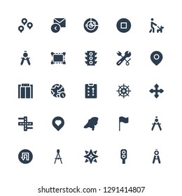 direction icon set. Collection of 25 filled direction icons included Compass, Traffic light, Windrose, Traffic signal, Flag, Map, Location, Street, Direction, Helm, Strategy, World
