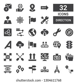 direction icon set. Collection of 32 filled direction icons included Direction, Compass, Directions, Location, Elevator, Clap, Gps, Side up, Arrows, Traffic light, Pin, Walkway