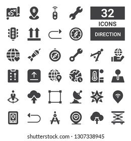 direction icon set. Collection of 32 filled direction icons included Elevator, Upload, Pin, Compass, Undo, Gps, Windrose, Radar, Transform, Position, Heat, World, Location, Strategy