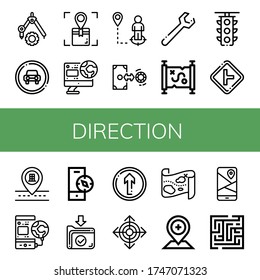 direction icon set. Collection of Compass, Traffic sign, Location, World, Exchange, Wrench, Treasure map, Traffic light, Intersection, Location pin, Download, Straight, Direction icons