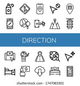 direction icon set. Collection of Spray, Compass, Merge, World, Gps, Exchange, Cursor, Strategy, Pin, Traffic light, Bed, Reuse, Road, Download icons