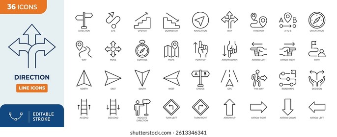 Direction icon set. Containing Guidance, route, itinerary, compass, arrow symbol, path, way, pointing direction, map, and more. vector illustration