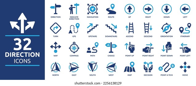 Direction icon set. Containing route, itinerary, compass, arrow symbol, path, way, pointing direction and map icons. Solid icon collection.