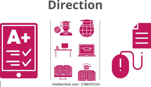 direction icon set. included ereader, desktop, ebook, student, school, learning, click icons. filled styles.
