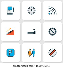 Direction icons colored line set with parking sign, smoke, gas station and other cigarette elements. Isolated vector illustration direction icons.