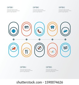 Direction icons colored line set with call, card, info and other autobus elements. Isolated vector illustration direction icons.