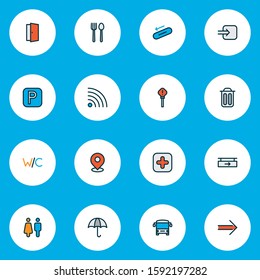 Direction icons colored line set with garbage, arrow sign, wc and other autobus elements. Isolated vector illustration direction icons.