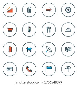 Direction icons colored line set with map, card, meal and other approach elements. Isolated vector illustration direction icons.
