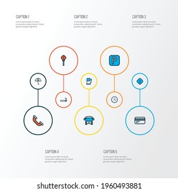 Direction icons colored line set with info, call, parking sign and other umbrella elements. Isolated vector illustration direction icons.