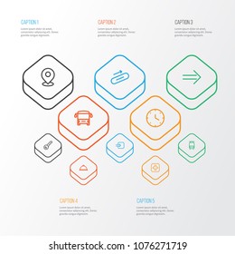 Direction icons line style set with train, way in, steps up and other autobus elements. Isolated vector illustration direction icons.