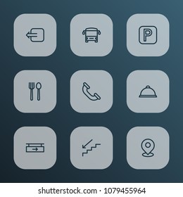 Direction icons line style set with parking sign, restaurant, tray and other cafe elements. Isolated vector illustration direction icons.