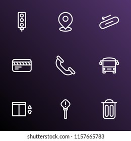 Direction icons line style set with elevator, pin, steps down and other phone elements. Isolated vector illustration direction icons.