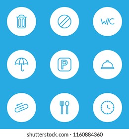 Direction icons line style set with clock, wc, steps down and other cafe elements. Isolated vector illustration direction icons.