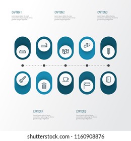 Direction icons line style set with traffic light, tea cup, key and other trash bin elements. Isolated vector illustration direction icons.