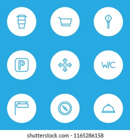 Direction icons line style set with exclamation sign, wc, cart and other caution elements. Isolated vector illustration direction icons.