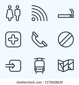Direction icons line style set with way in, toilet, map and other tram elements. Isolated vector illustration direction icons.