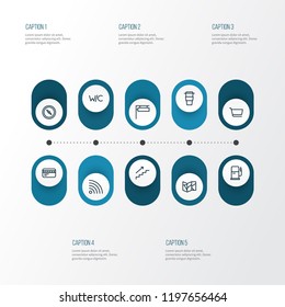 Direction icons line style set with card, map, compass and other steps up elements. Isolated vector illustration direction icons.