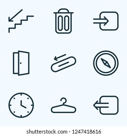 Direction icons line style set with way out, hanger, compass and other orientation elements. Isolated vector illustration direction icons.