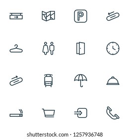 Direction icons line style set with steps up, parking sign, hanging board and other tram elements. Isolated vector illustration direction icons.