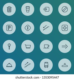 Direction icons line style set with exclamation sign, stepladder, train and other shopping trolley elements. Isolated vector illustration direction icons.