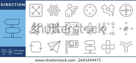 Direction icons pack. 18 line icons. Vector editable stroke. Direct, location, arrow, navigation, roads, compass, air.