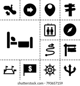 Direction icons. set of 13 editable filled direction icons such as elevator, escalator down, arrow right, flag with dollar, compass, arrow, helm, locations, curved arrow