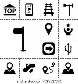 Direction icons. set of 13 editable filled direction icons such as escalator up, flag, route and phone, weather vane, top of cargo box, location pin, distance, railway