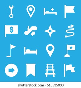 Direction icons set. set of 16 direction filled icons such as escalator up, arrow right, wrench, railway, location, medical bed, gold flag, flag, curved arrow, location pin