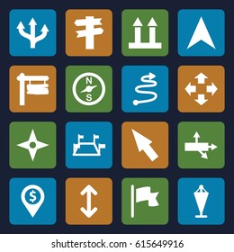 Direction icons set. set of 16 direction filled icons such as flag, cargo arrow up, navigation arrow, pointer, compass, locations, move