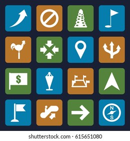 Direction icons set. set of 16 direction filled icons such as escalator up, tunnel, flag, weather vane, navigation arrow, prohibited, gold flag, locations, arrow up, compass
