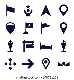 Direction icons set. set of 16 direction filled icons such as flag, man move, direction board, navigation arrow, location, arrow up, map location, celebrity, bed