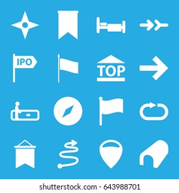 Direction icons set. set of 16 direction filled icons such as escalator, tunnel, bed, top of cargo box, reload replay, flag, direction, curved arrow, arrow, compass, location