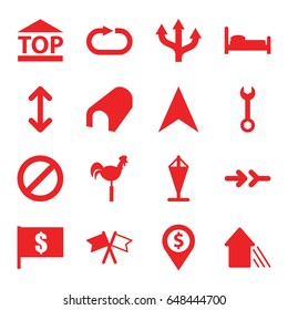 Direction icons set. set of 16 direction filled icons such as tunnel, wrench, weather vane, top of cargo box, navigation arrow, prohibited, reload replay, flag, arrow up