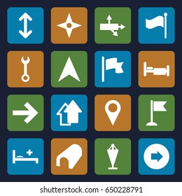 Direction icons set. set of 16 direction filled icons such as arrow right, tunnel, flag, wrench, bed, navigation arrow, medical bed, compass, forward