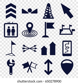 Direction Icons Set. Set Of 16 Direction Filled Icons Such As Elevator, Arrow Up, Tunnel, Map Location, Wrench, Flag, Arrow, Pointer, Arrow Bow, Locations, Location