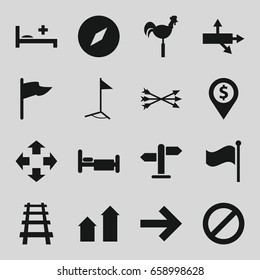 Direction icons set. set of 16 direction filled icons such as arrow up, weather vane, bed, railway, prohibited, flag, medical bed, direction, arrow bow, arrow, compass, move