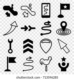 Direction icons set. set of 16 direction filled and outline icons such as escalator down, map location, wrench, flag, curved arrow, arrow, celebrity, weather vane, pointer