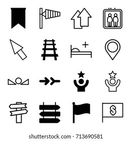 Direction icons set. set of 16 direction filled and outline icons such as railway, flag, arrow, celebrity, elevator, wind cone, medical bed, arrow up, map location, pointer