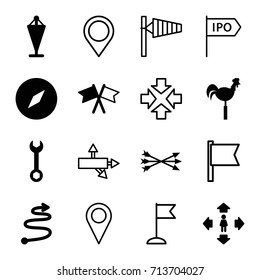 Direction icons set. set of 16 direction filled and outline icons such as flag, man move, wrench, weather vane, curved arrow, arrow bow, wind cone, map location, direction