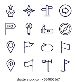 direction icons set. Set of 16 direction outline icons such as escalator, arrow right, wrench, weather vane, location, flag, reload replay, direction, location pin, compass