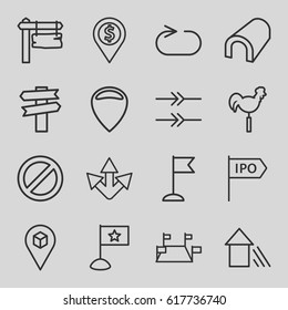 Direction icons set. set of 16 direction outline icons such as tunnel, weather vane, flag, location, prohibited, reload replay, arrow up, arrow, dollar location