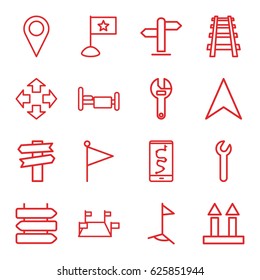 Direction icons set. set of 16 direction outline icons such as wrench, bed, cargo arrow up, navigation arrow, railway, flag, move, location, route and phone
